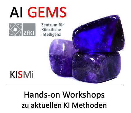 AI GEMs - Hands-On Workshops zu aktuellen KI Methoden Schriftzug AI GEMs - Hands-On Workshops zu aktuellen KI Methoden mit Bild und Logos