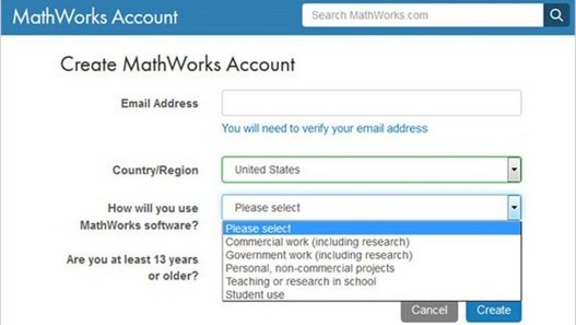 Screenshot Create MathWorks Account