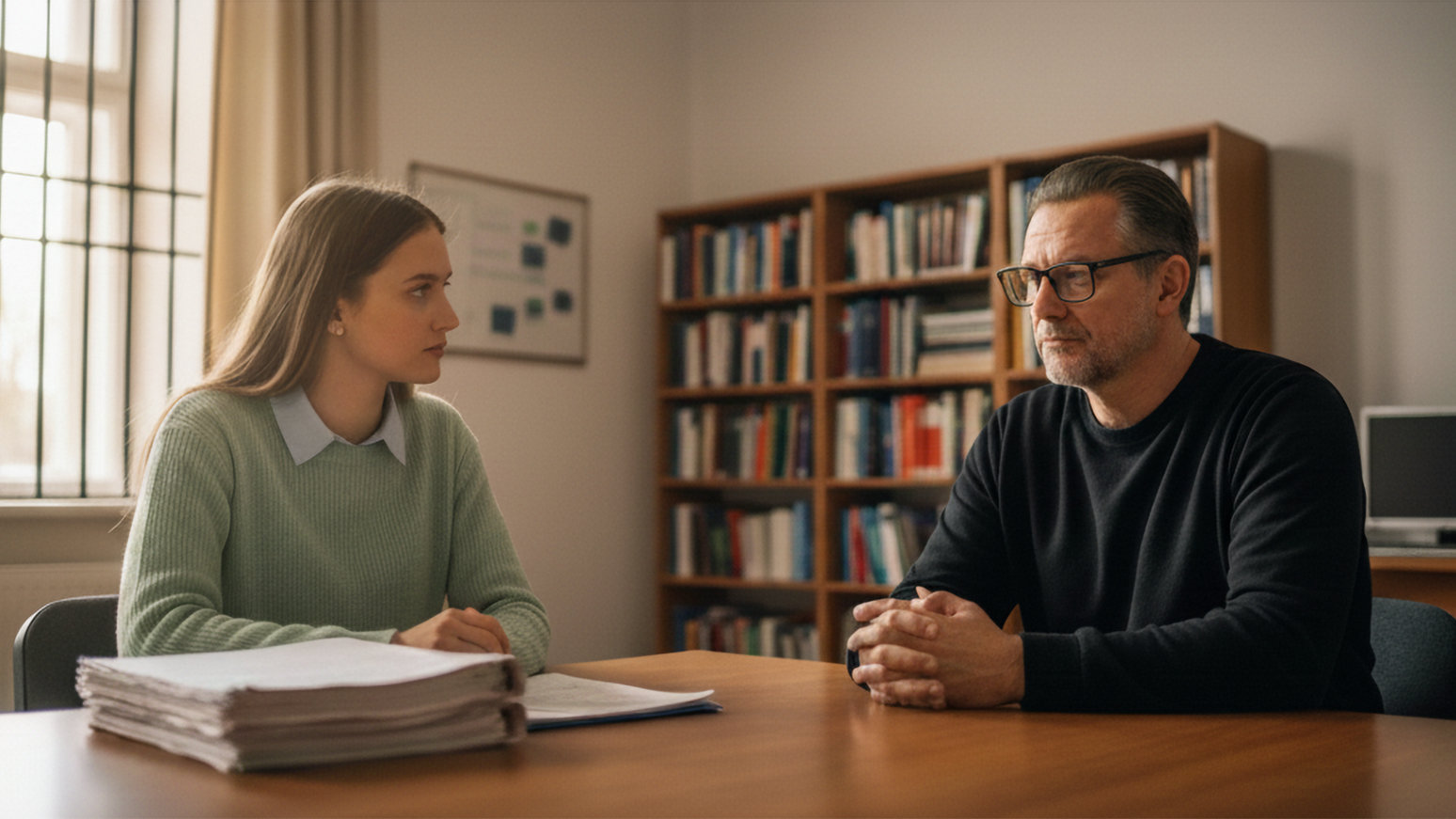 Zwei Personen (Studierende und Häftling) sitzen an einem Holztisch in einem Büro und führen ein Gespräch; im Hintergrund sind Bücherregale und ein Computer zu sehen.