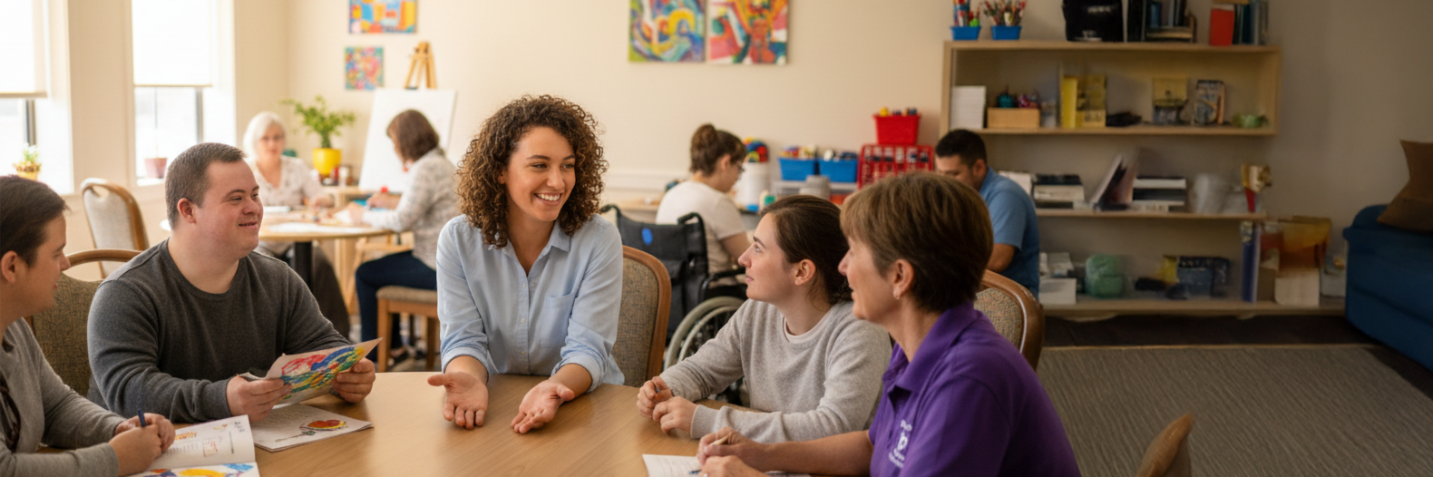 Mehrere Personen sitzen an Tischen und beschäftigen sich mit kreativen oder schriftlichen Aufgaben in einem Gemeinschaftsraum.