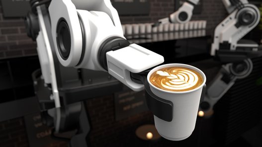 Roboterarm reicht einen Cappuccino.