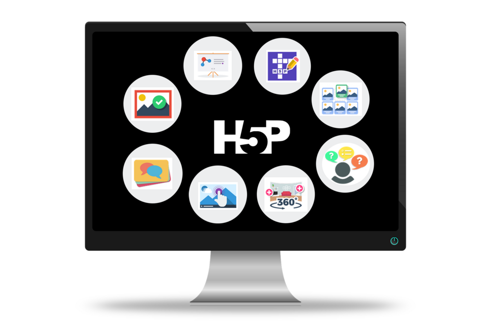 Das H5P-Logo auf einem Monitor, umringt von den Symbolen einiger Inhaltstypen