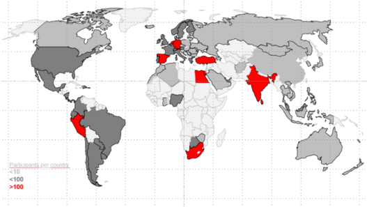 Weltkarte, auf der die Länder gemäß ihrer Beteiigung an der Umfrage eingefärbt wurden.