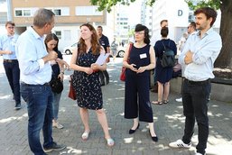Prof. Dr. Harald Mandel (Prodekan Fakultät Technik), Anna Christmann (Mitglied des Bundestags), Inna Avrutina (Forschungsreferentin Fakultät Technik), Daniel Kraus (Wissenschaftlicher Mitarbeiter Fakultät Technik)