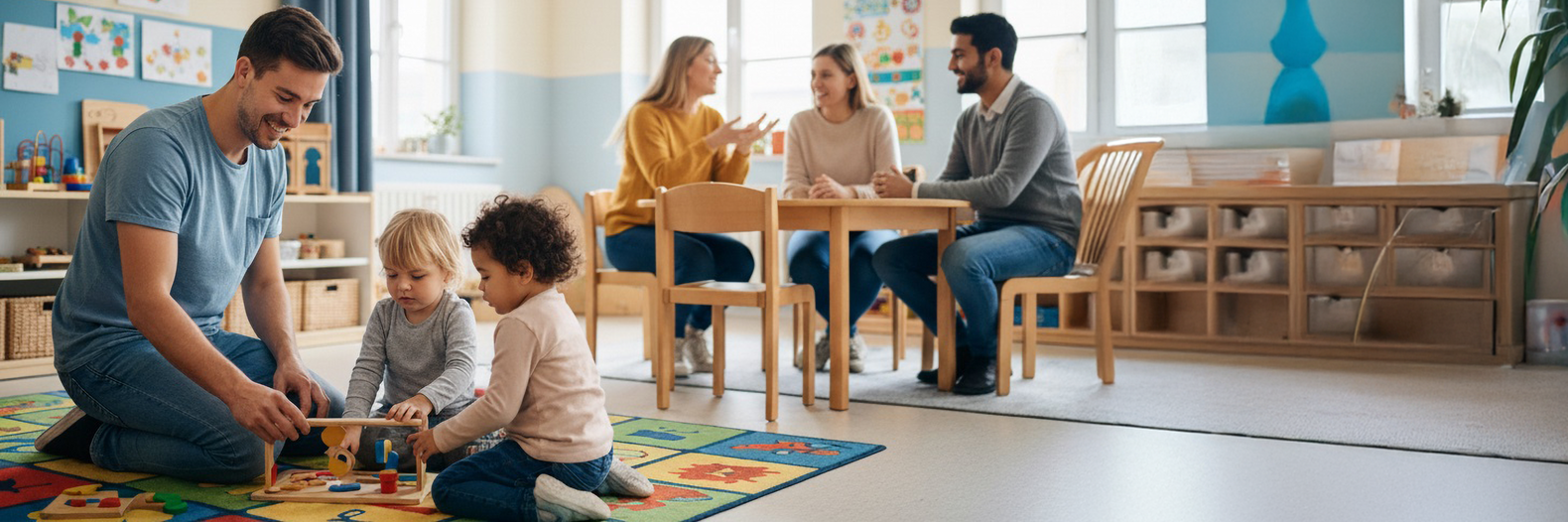 Erwachsene und Kinder spielen und unterhalten sich in einem hellen Klassenraum mit großen Fenstern.