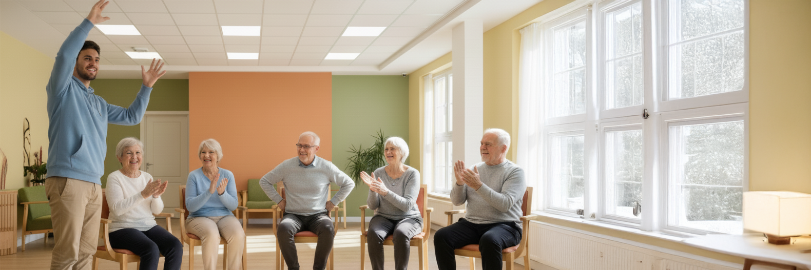 Ein Kursleiter steht vor einer Gruppe älterer Menschen, die gemeinsam klatschen, in einem hellen Raum mit großen Fenstern.