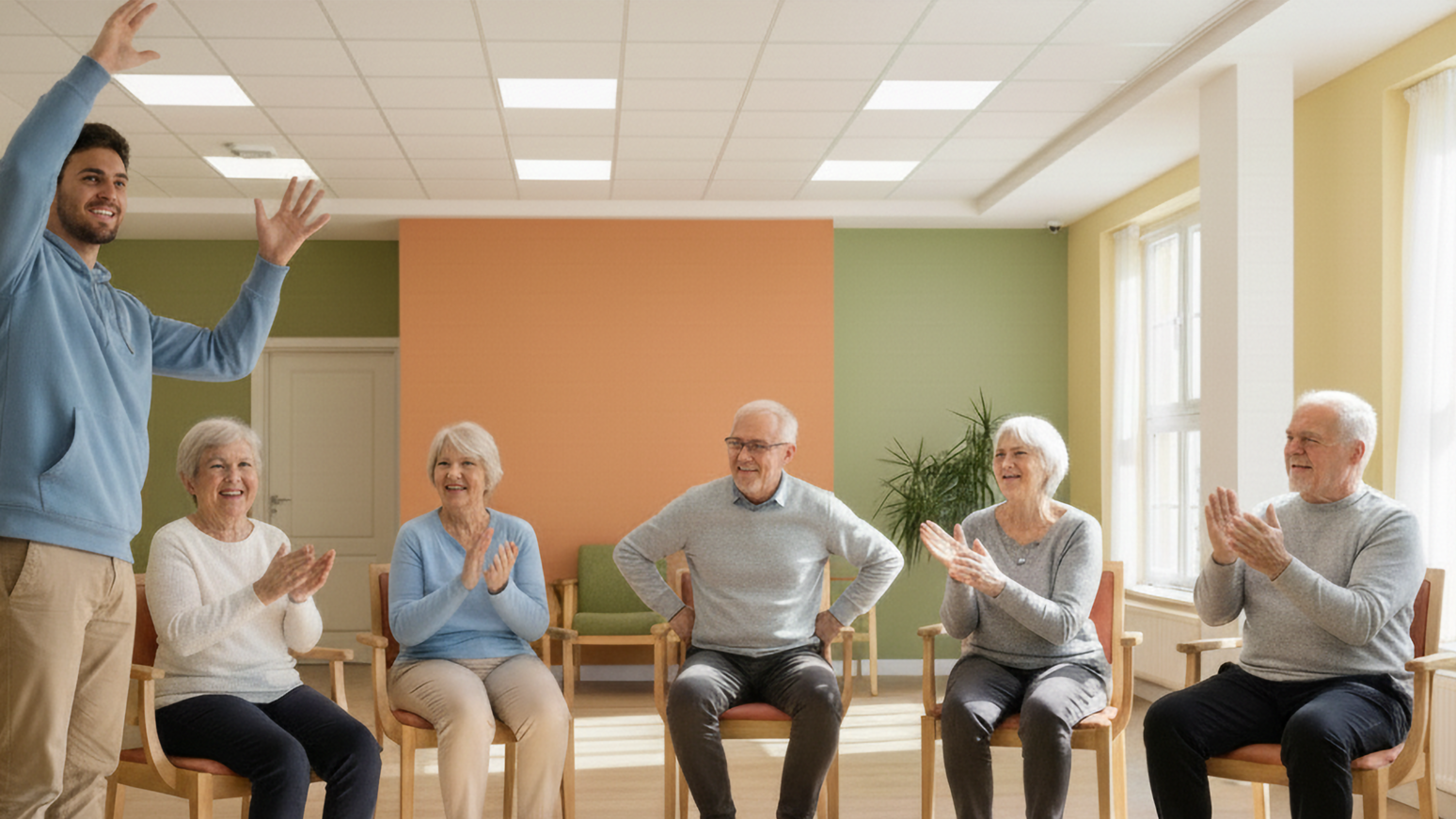 Ein Kursleiter steht vor einer Gruppe älterer Menschen, die gemeinsam klatschen, in einem hellen Raum mit großen Fenstern.