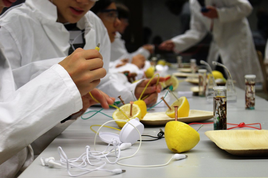 Kinder bauen Zitronenbatterien bei der Kinderakademie an der DHBW Stuttgart