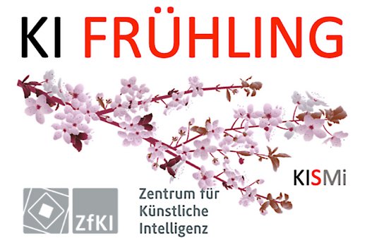 KI Frühling 2024 Key Visual mit Schriftzug KI Frühling, KiSMI und ZfKI, dazu ein Kirschblütenzweig