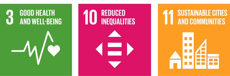 Grundlage der INDIS Challenge 2021 sind drei UN Sustainability Goals: Good Health and well-being, Reduced Inequalities, Sustainable Cities and Communities (jeweils als farbige Grafik dargestellt)