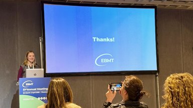 Ronja Titze auf der EBMT in Florenz, Italien. Ronja Titze stellt die Ergebnisse Ihrer Bachelorthesis in einer Präsentation vor