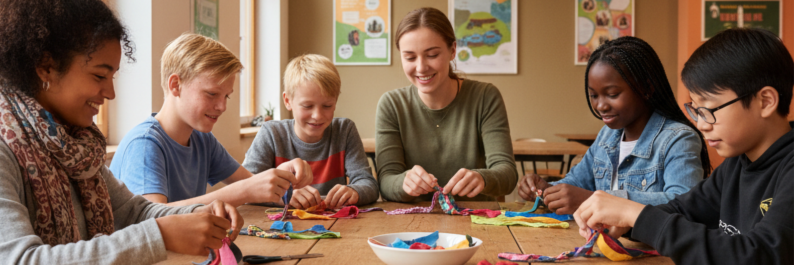 Jugendliche und eine Studentin knüpfen Armbänder im Jugendhaus