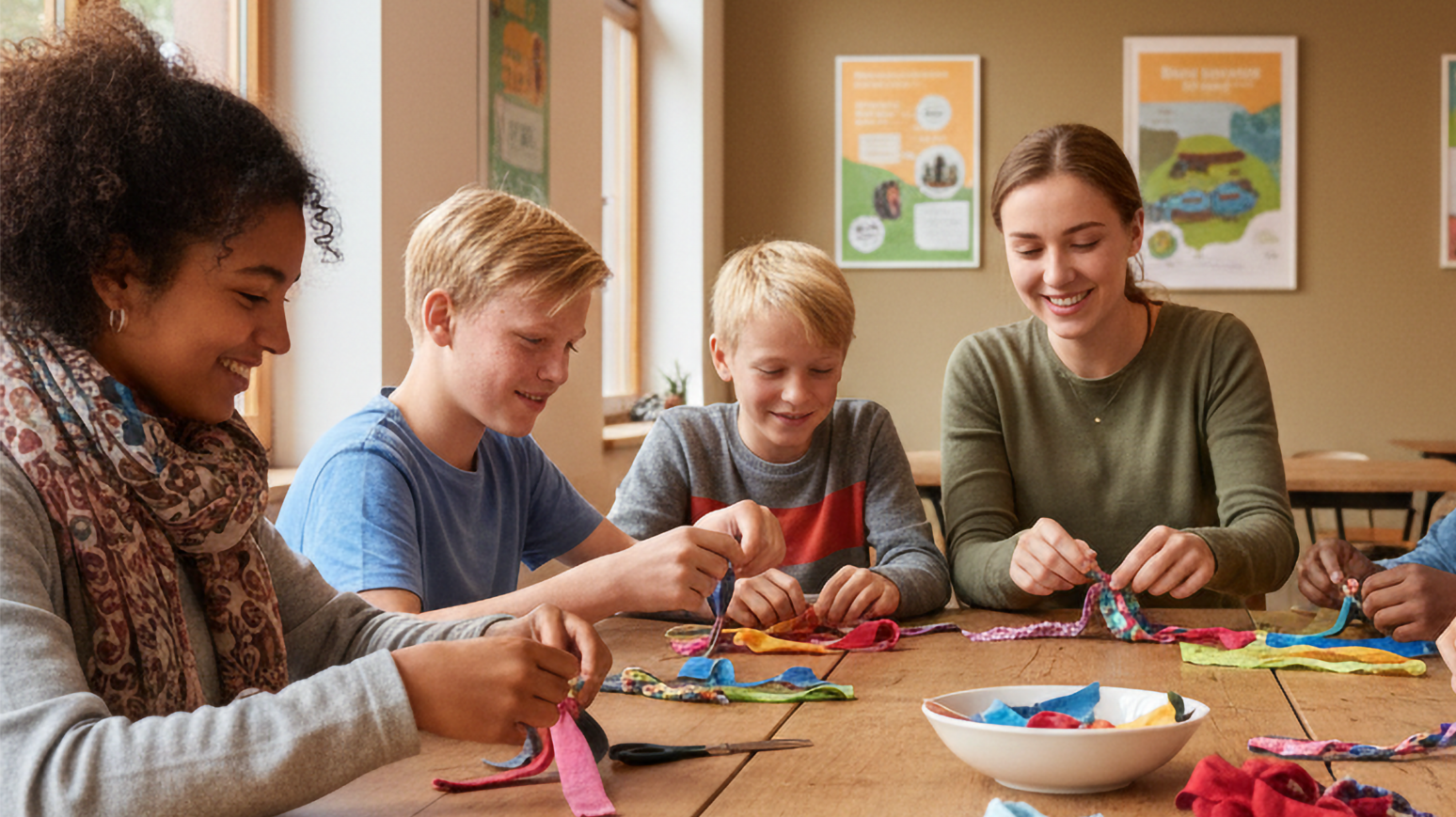 Jugendliche und eine Studentin knüpfen Armbänder im Jugendhaus