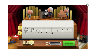 Zu Ehren Johann Sebastian Bach screenshot - Eine Maschine "druckt" ein Notenblatt mit einer Melodie aus.