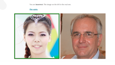 Which face is real? Es werden die Gesichter einer Frau und eines Mannes gezeigt.