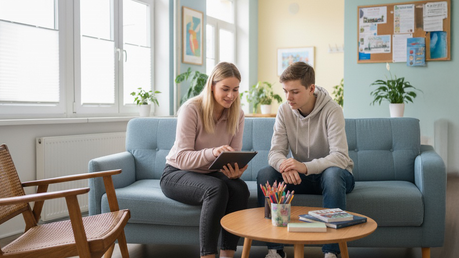 Zwei Personen sitzen gemeinsam auf einem blauen Sofa und betrachten ein Tablet in einem freundlich eingerichteten Raum.