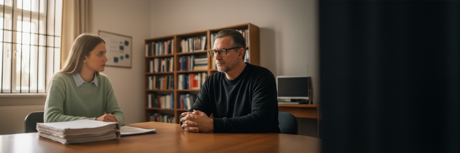 Zwei Personen (Studierende und Häftling) sitzen an einem Holztisch in einem Büro und führen ein Gespräch; im Hintergrund sind Bücherregale und ein Computer zu sehen.