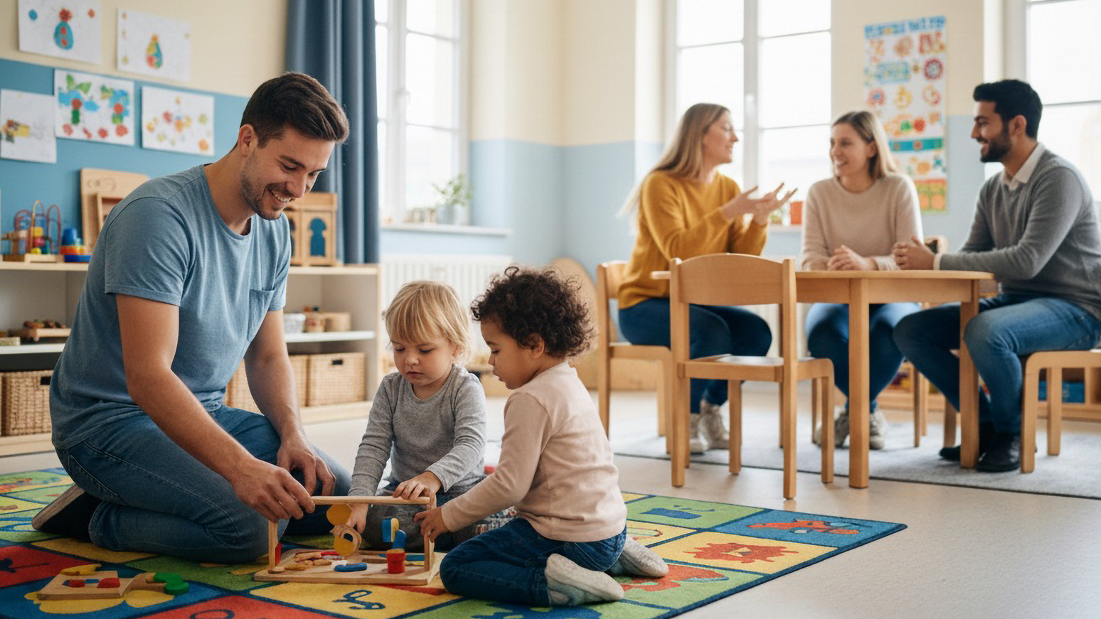 Erwachsene und Kinder spielen und unterhalten sich in einem hellen Klassenraum mit großen Fenstern.
