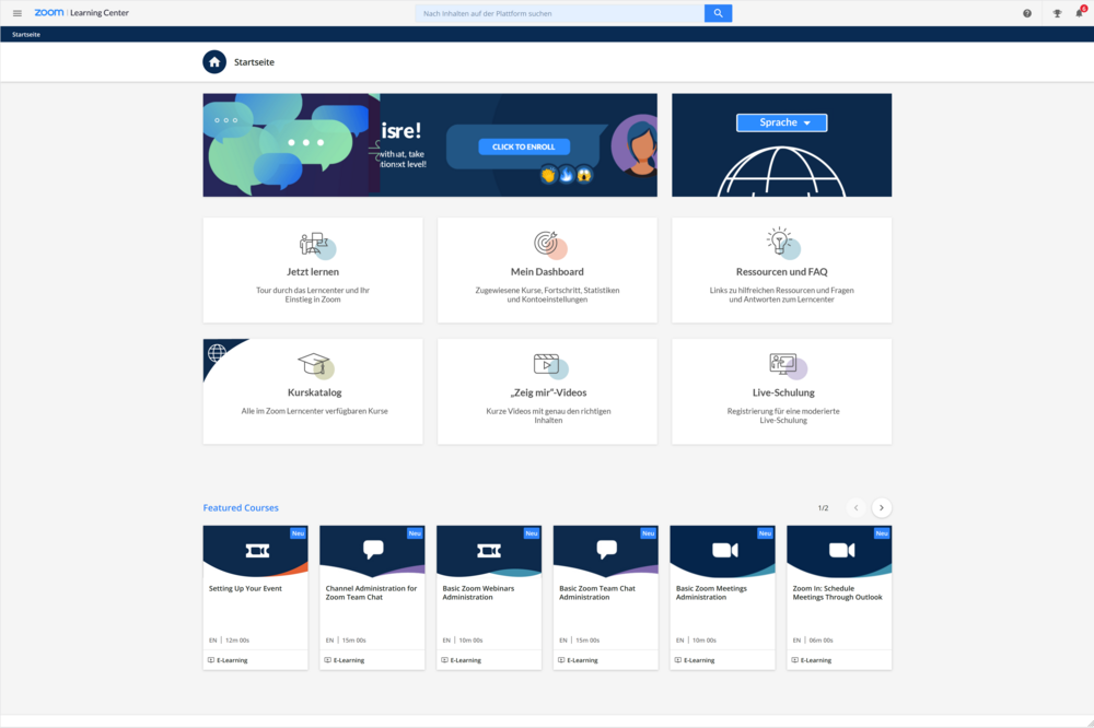 Die Startseite des Zoom-Lernzentrums