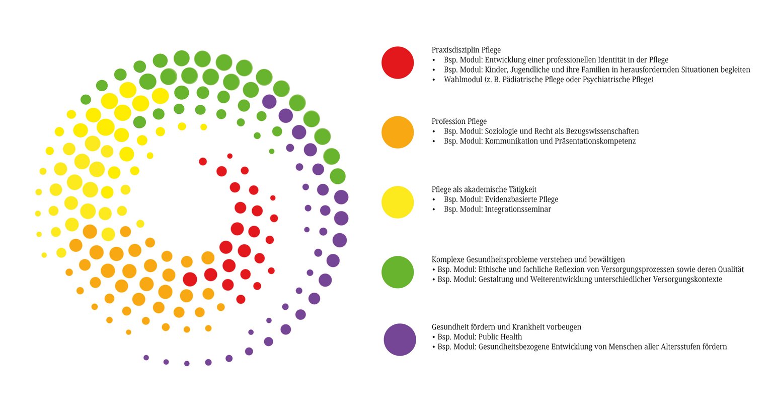 Die Grafik besteht aus spiralförmig angelegten Punkten in verschiedenen Farben. Mehrere Punkte stellen ein Modul des Curriculums dar. Die Grafik soll veranschaulichen, dass die Module inhaltlich in einander greifen und auf einander aufbauen. 