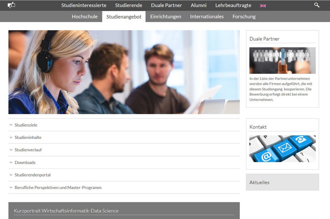 Beispielsseite neues Website-Design des Studienangebots der DHBW Stuttgart