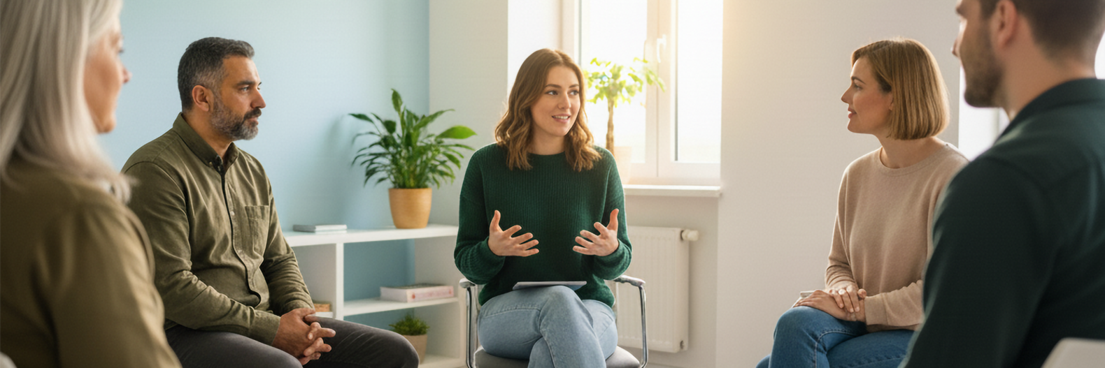 Fünf Personen sitzen in einem Stuhlkreis und nehmen an einer Gesprächsrunde oder Selbsthilfegruppe teil.