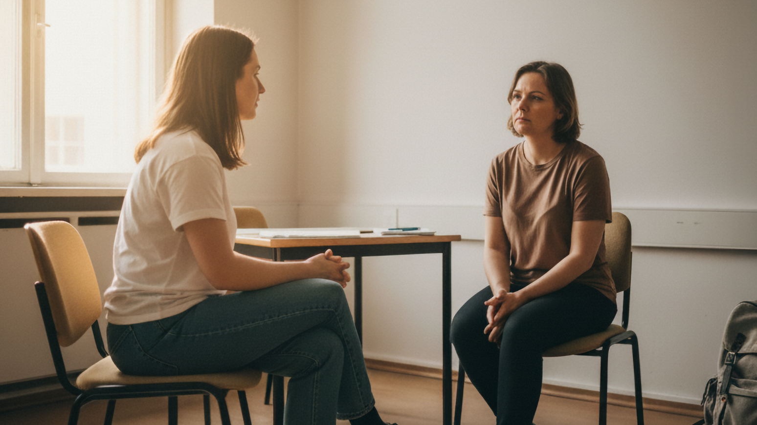 Zwei Personen sitzen sich in einem Beratungsraum gegenüber und führen ein Gespräch am Fenster.