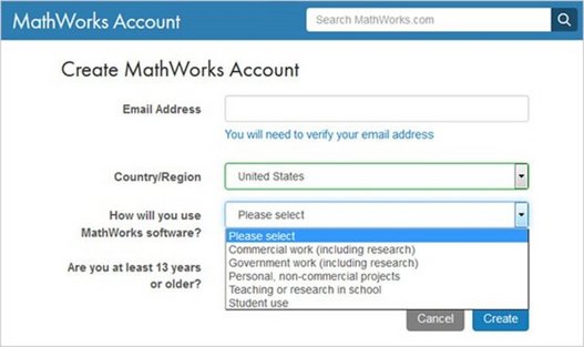 Screenshot Create MathWorks Account
