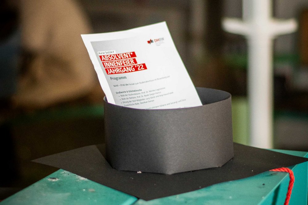 Nahaufnahme eines der Bachelor-Hüte mit einem Programmzettel.