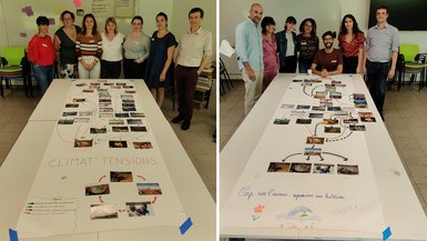 International Relations Office of UPHF Embraces Climate Awareness Two group photos, the people are each looking at the table in front of them, on which there is information about the topic.
