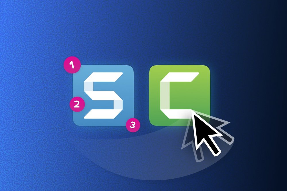 Die Logos von Snagit und Camtasia nebeneinander vor blauem Hintergrund