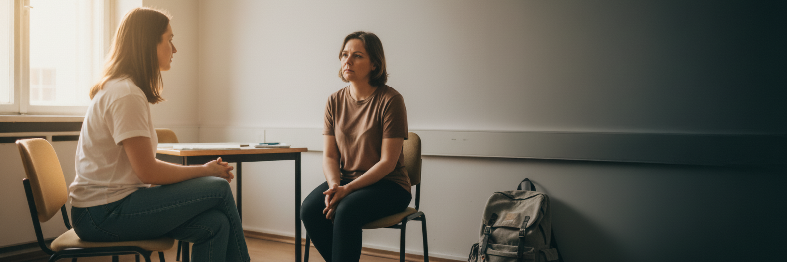Zwei Personen sitzen sich in einem Beratungsraum gegenüber und führen ein Gespräch am Fenster.