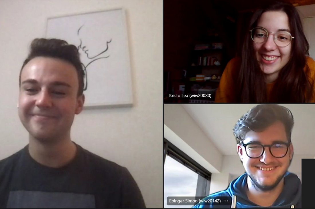 Die WIW-Studierenden Meno Dittrich (links), Lea Kristo und Simon Ebinger bei einem der Online-Team-Meetings