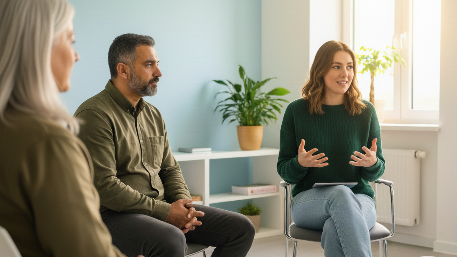 Fünf Personen sitzen in einem Stuhlkreis und nehmen an einer Gesprächsrunde oder Selbsthilfegruppe teil.