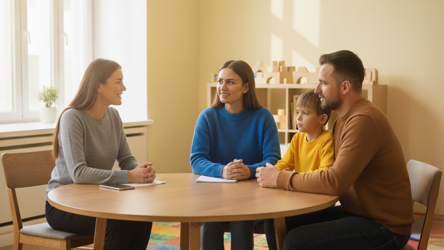 Drei Erwachsene und ein Kind sitzen an einem runden Tisch und führen ein Gespräch in einem Raum mit großen Fenstern.