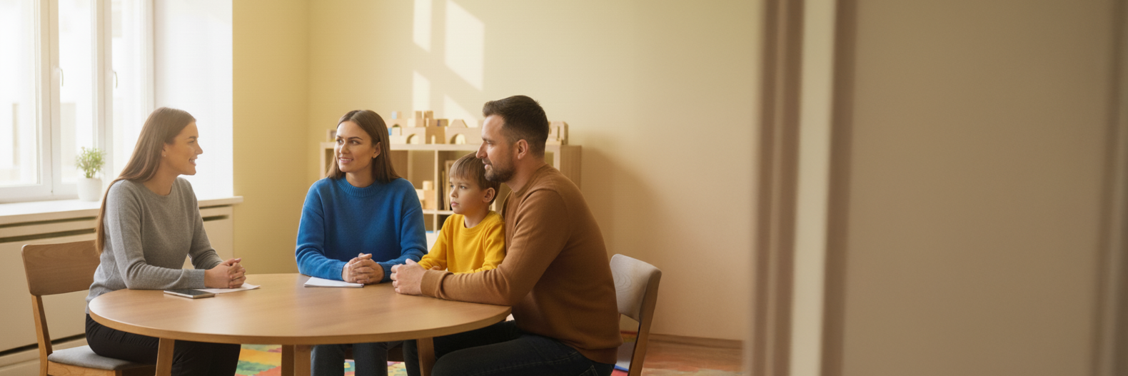 Drei Erwachsene und ein Kind sitzen an einem runden Tisch und führen ein Gespräch in einem Raum mit großen Fenstern.