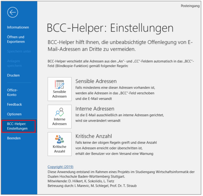 Screenshot Outlook mit der Erweiterung BCC-Helper
