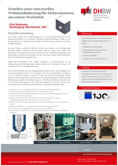 Poster zeigt Projektbeschreibung Erstellen einer universellen Prüfstandhalterung für Elektromotoren aus einem Werkstück
