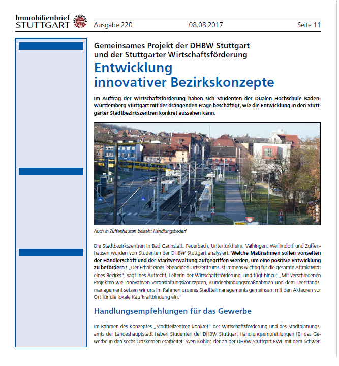 Artikel ""Entwicklung innovativer Bezirkskonzepte" im Immobilienbrief Stuttgart