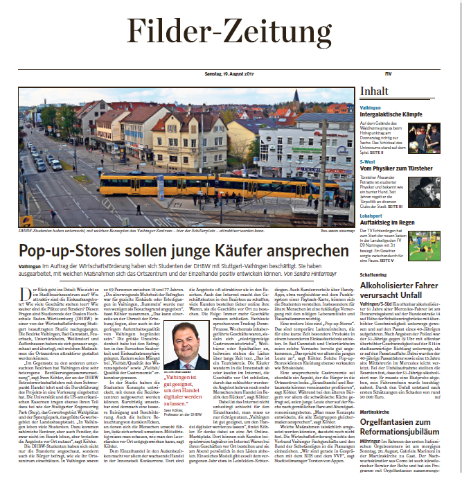 Artikel "Pop-up-Stores sollen junge Käufer ansprechen" in der Filder-Zeitung